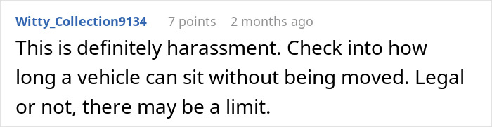 Comment about harassment and legal vehicle parking limits in neighbor dispute. Comment about harassment and legal vehicle parking limits in neighbor dispute.