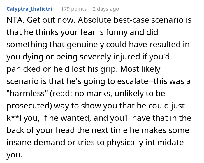 Comment warning about dangers of a husband&rsquo;s prank dangling wife over parking garage edge causing fear and potential injury.