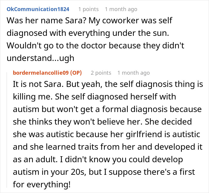 Reddit users discuss self-diagnosis with diseases; a colleague's frustration is highlighted.