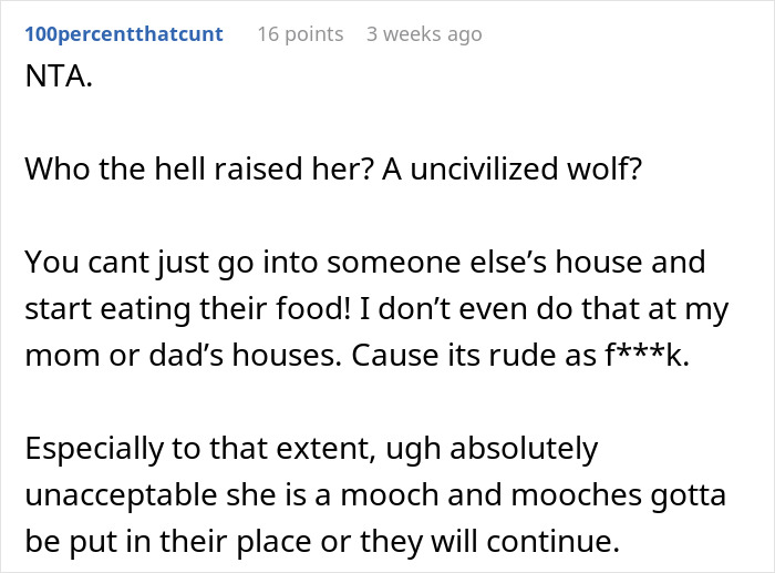 Reddit comment criticizing a woman for eating $60 of groceries uninvited at a friend's house.
