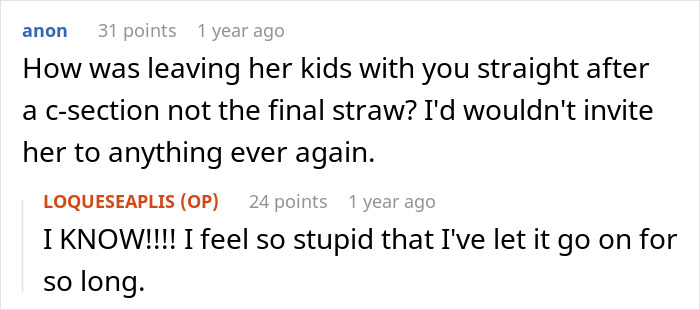Reddit comment discussing refusal to invite entitled sister to Easter vacation.