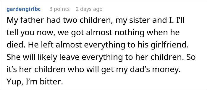 Text post about family inheritance and bitterness over father leaving money to his girlfriend&rsquo;s children instead of his own.