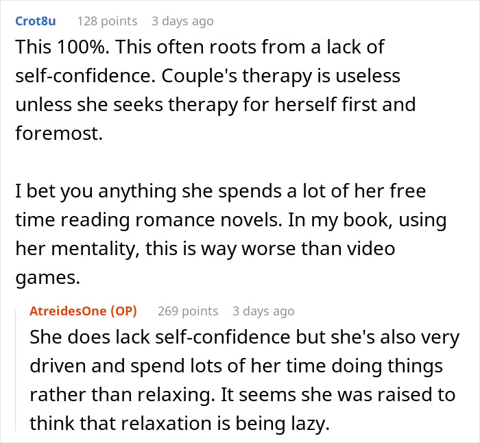 Text on a forum discussing if video games are juvenile, mentioning self-confidence and romance novels.