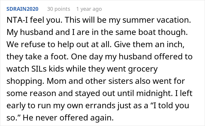 Comment discussing family vacation issues and boundaries with entitled relatives.