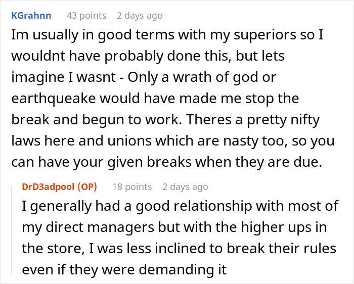 Online forum conversation about strictly following a break policy, leading to workplace kitchen chaos.