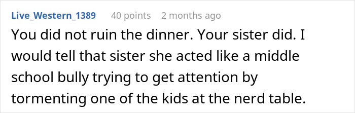 Reddit comment discussing family dinner situation; sister's behavior criticized.