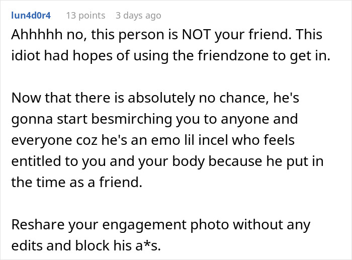 Text comment criticizing a cropped engagement photo on Instagram.