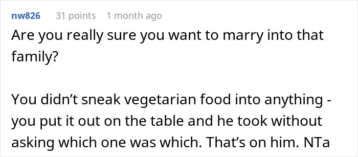 Reddit comment discussing vegetarian meatballs and a father-in-law's reaction.