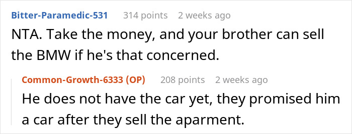 Bitter-Paramedic-531 and Common-Growth-6333 discuss keeping money from parents' apartment sale in online comments.