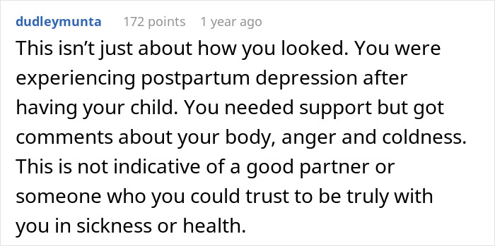 Reddit comment discussing postpartum depression, support, and trust in relationships. Reddit comment discussing postpartum depression, support, and trust in relationships.