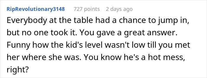 Comment mentioning table conversation, answers, and a hot mess, related to fiance, daughter, gold digger context.