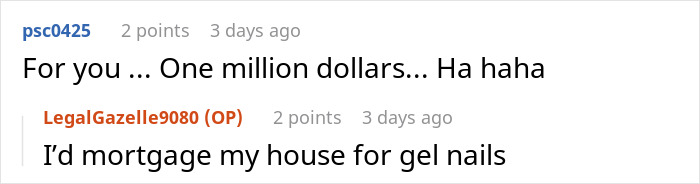 Comments about nail salon prices, with humorous exaggeration.