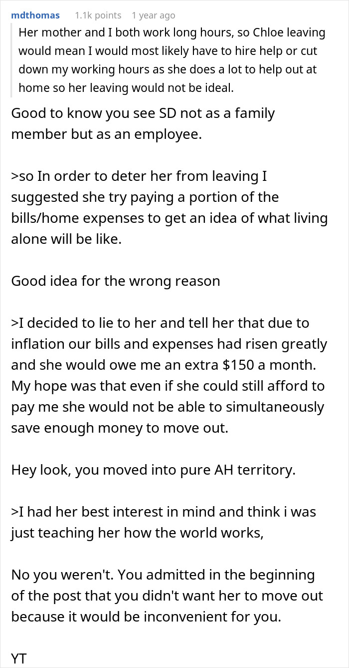 Text exchange discussing stepdaughter's chores and manipulative rent strategy.