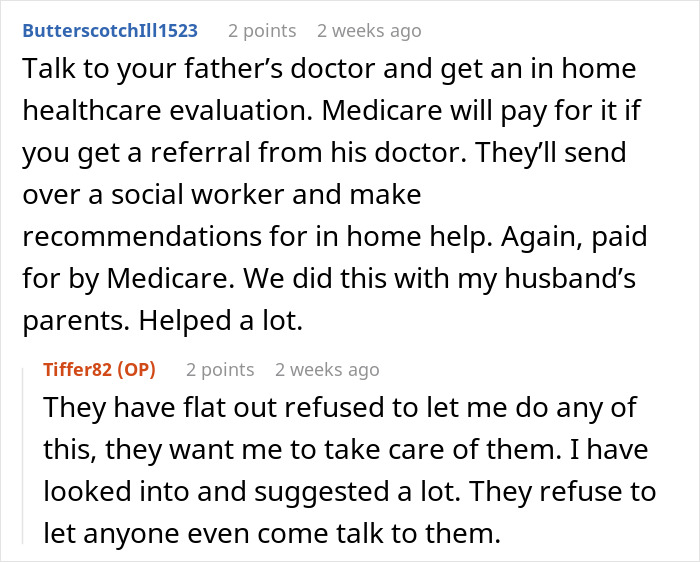 Reddit thread discussing refusal to care for a father, with advice on healthcare evaluation and Medicare options.