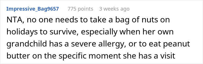 Text comment about grandma threatening granddaughter&rsquo;s life over nuts, highlighting allergy and family conflict.