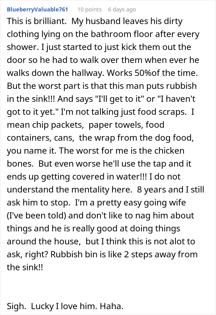 Text post discussing a woman’s plan to teach her boyfriend to pick up after himself, highlighting frustrations with his habits. Text post discussing a woman’s plan to teach her boyfriend to pick up after himself, highlighting frustrations with his habits.