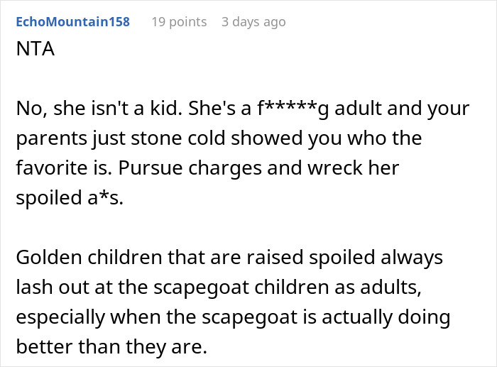 Reddit comment discussing sibling conflict involving clothes destruction and family dynamics.