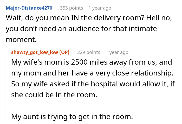 Screenshot of a forum discussion about hubby confronting family over treatment of pregnant wife and birth room access.