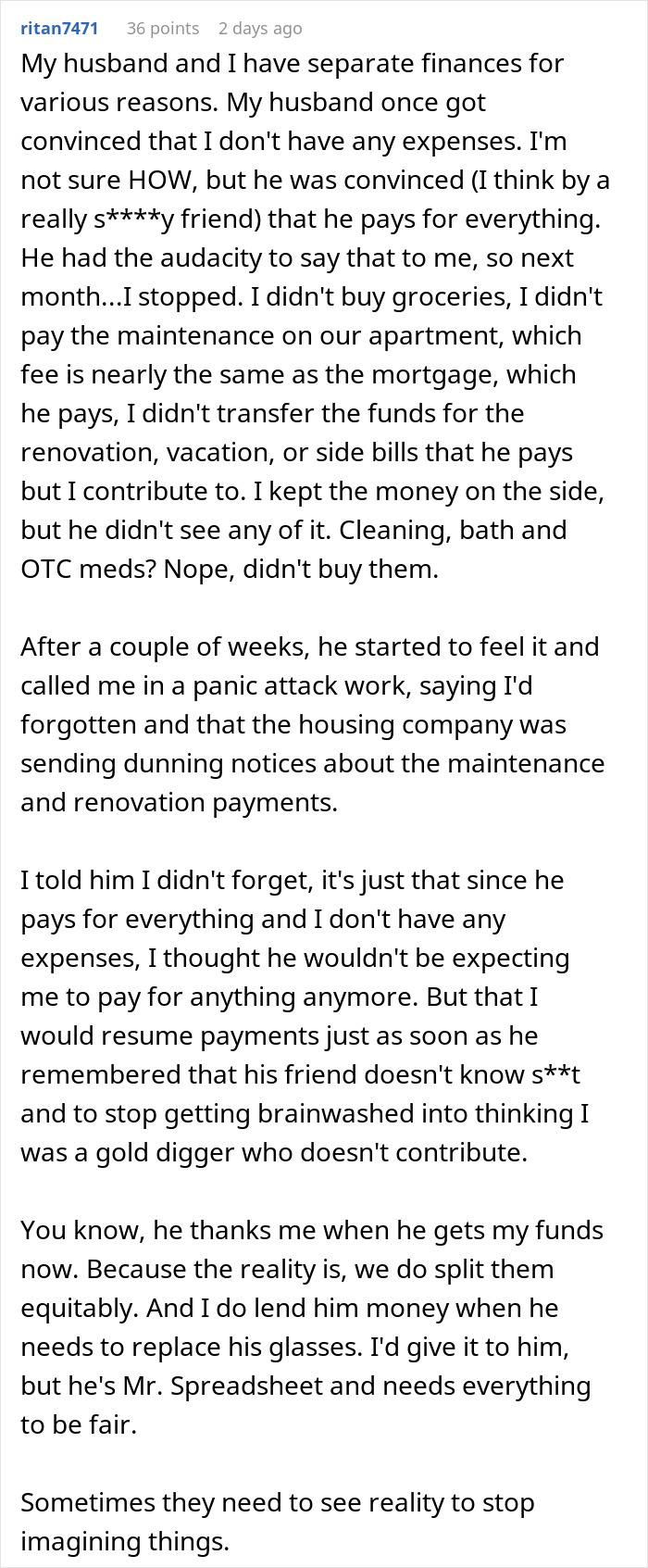 Text conversation of a woman teaching her partner a lesson about finances and contributions. Text conversation of a woman teaching her partner a lesson about finances and contributions.