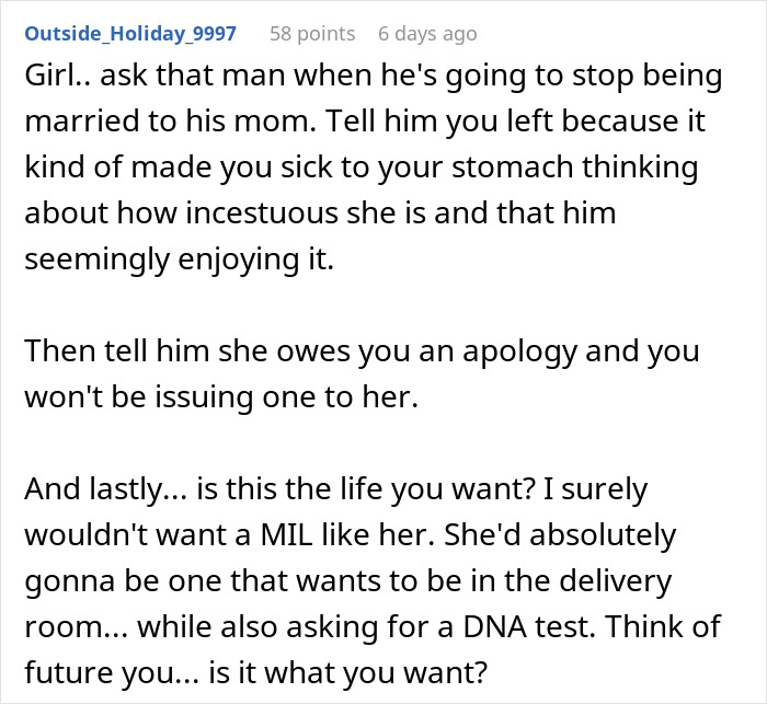 Comment discussing a couple breaking up after the guy&rsquo;s mom jokingly steals girlfriend&rsquo;s seat to separate them.