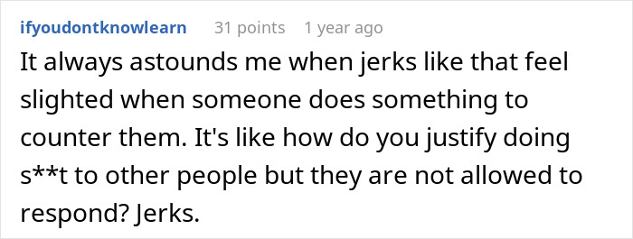 Reddit comment about arrogant drivers and petty revenge in a discussion thread.