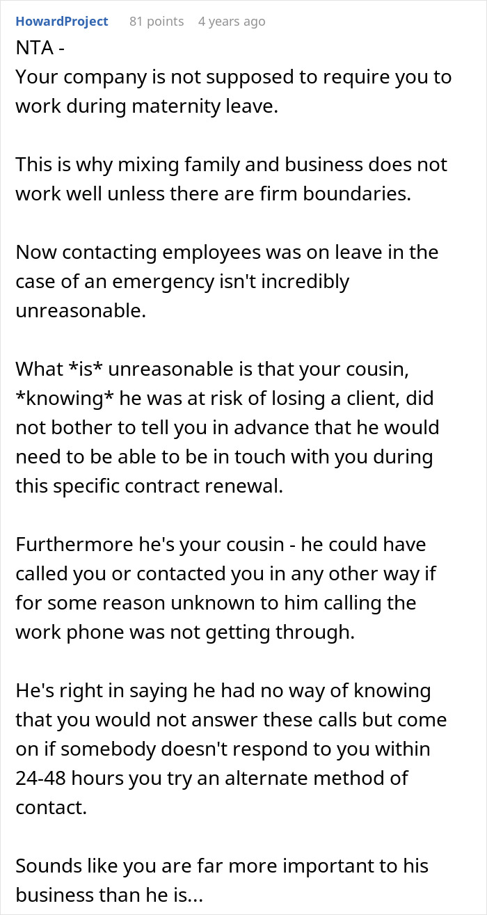 Comment on woman not answering work calls during maternity leave and boss losing client. Comment on woman not answering work calls during maternity leave and boss losing client.