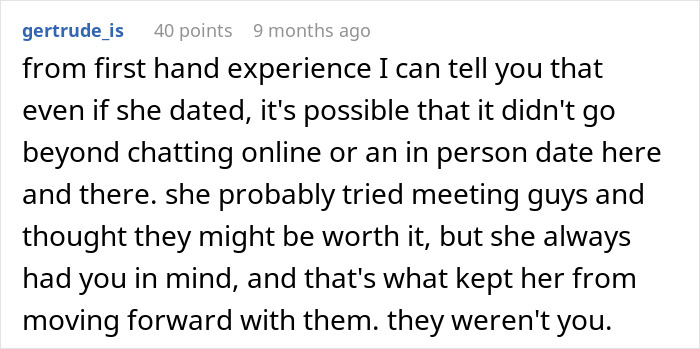 Comment on marriage revealing secrets about a spouse's past relationships.
