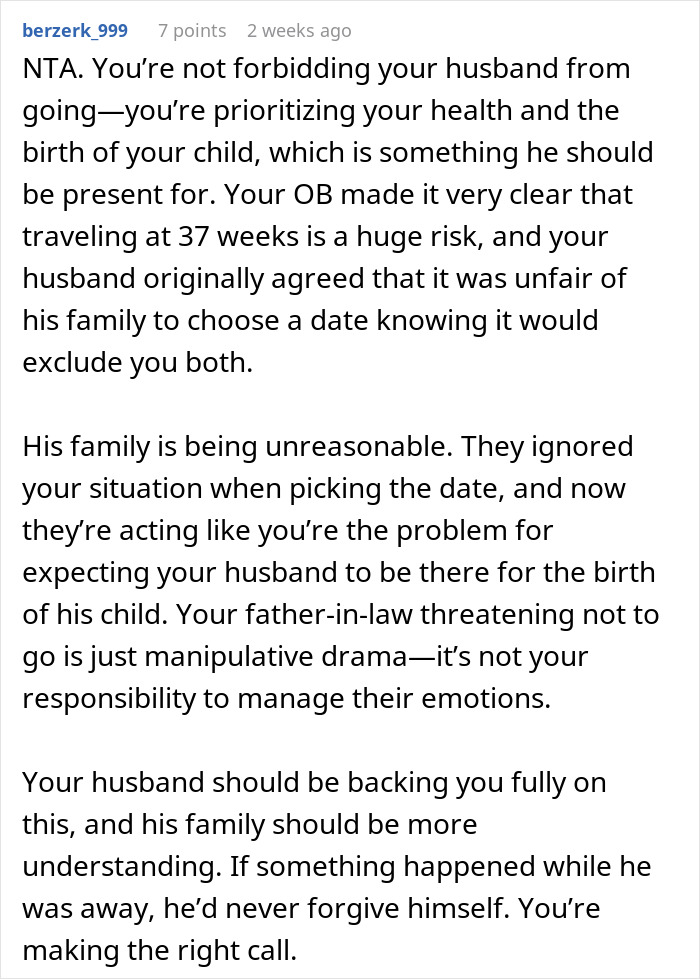 Comment addressing mom-to-be's request for husband to skip sister's wedding due to due date proximity.