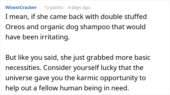 Screenshot of a comment discussing a good deed and helping someone with basic necessities.