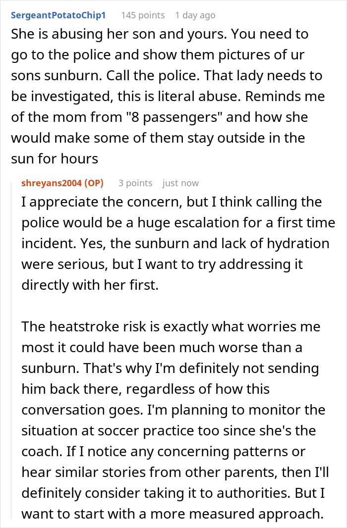 Reddit comments discussing children left in the sun without hydration, mom concerned about sunburn and heatstroke.