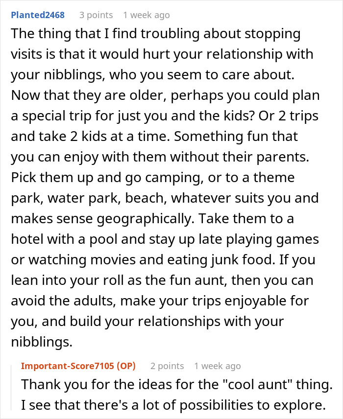 Text discussion on planning special trips to maintain relationships with nieces and nephews.