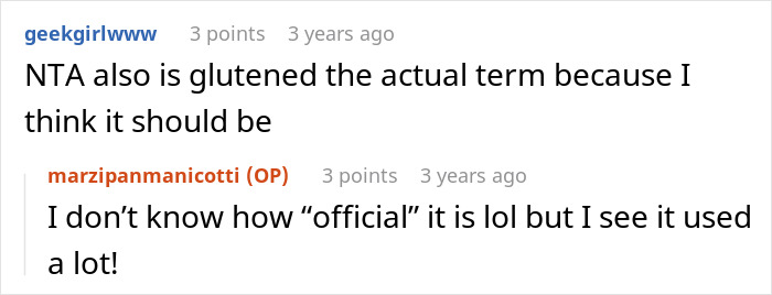 Reddit comments discussing gluten-free terminology humorously.