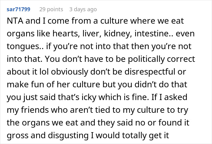 Text comment on cultural food and being respectful, discussing eating organs like hearts and tongues.