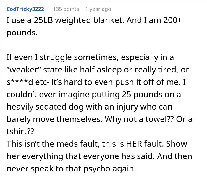 Text post expressing disbelief over placing a 25lb weighted blanket on an injured dog, discussing responsibility.
