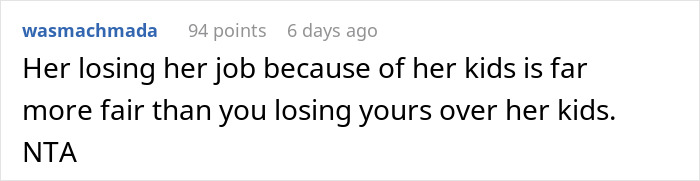 Comment about a woman babysitting brother's kids but not helping her sister, mentioning fairness in job loss.