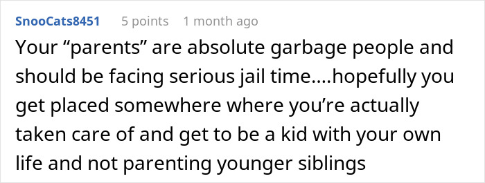 Comment criticizes parents, suggesting jail time for making 16-year-old the man of the house despite having a husband. Comment criticizes parents, suggesting jail time for making 16-year-old the man of the house despite having a husband.