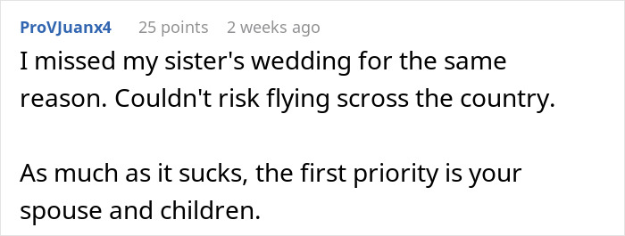 A user shares advice on prioritizing family over sister's wedding near due date in an online forum.