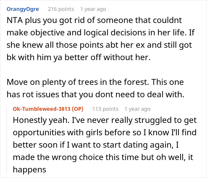 Reddit users discuss someone being better off after an ex returns to a former partner before Valentine's Day.