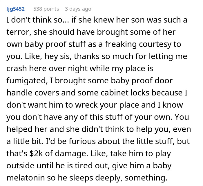 Text in forum discussing damages and family drama after hosting sister and nephew. User expresses frustration over lack of baby-proofing.