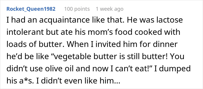 Comment about someone changing dinner plans for dietary needs, then eating foods they complained about.