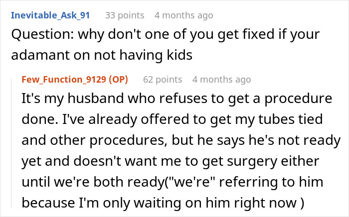 Reddit discussion about birth control and readiness for kids between users.