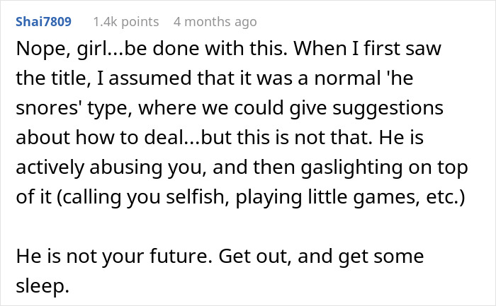 Screenshot of a Reddit comment warning about a boyfriend depriving girlfriend of proper sleep and advising to leave the situation. Screenshot of a Reddit comment warning about a boyfriend depriving girlfriend of proper sleep and advising to leave the situation.
