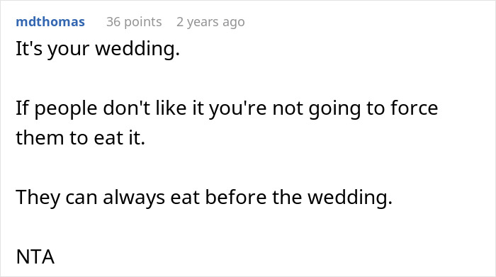 Comment supports no meat option at wedding, emphasizing guest choice and accepting dietary preferences. Comment supports no meat option at wedding, emphasizing guest choice and accepting dietary preferences.