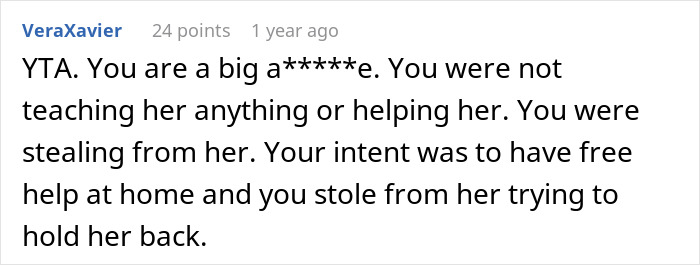 Online comment criticizing a man for tricking stepdaughter into overcharged rent to keep her home for chores.