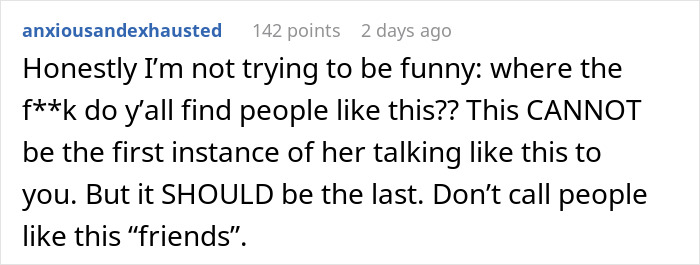 Reddit comment discussing friendship issues linked to hygiene accusations.