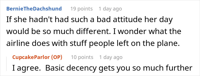 Comments discussing someone's attitude and plane passenger etiquette.
