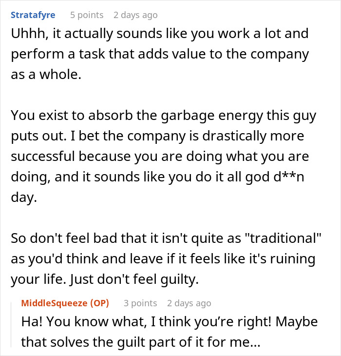 Reddit conversation about feeling guilty for making millions without much work, discussing workplace dynamics and value.