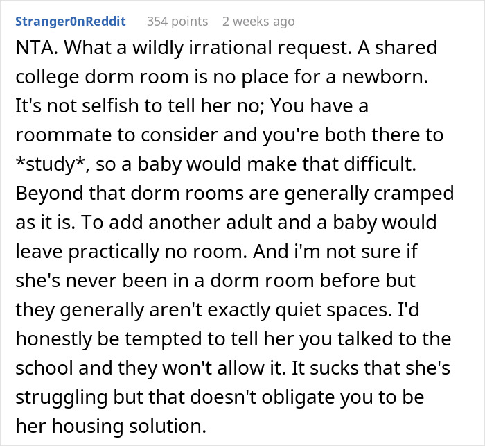 Text discussing refusal to share college dorm room with older sister and her baby, emphasizing space and noise concerns.