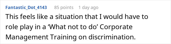 Comment discussing manager discrimination during a corporate BBQ.