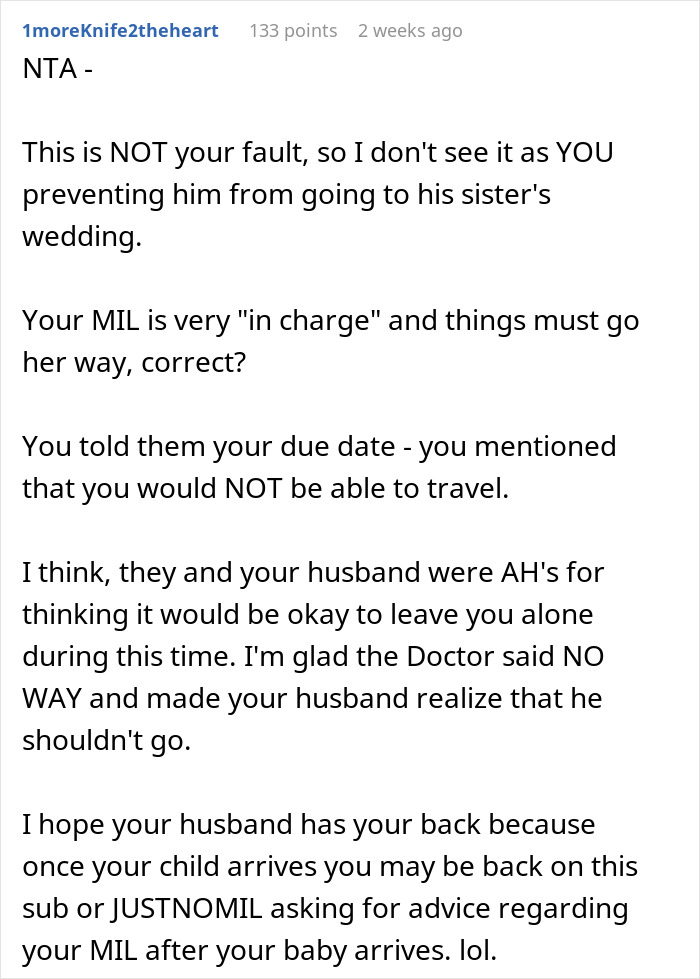 Discussion on husband skipping sister's wedding due to mom-to-be's due date concerns.